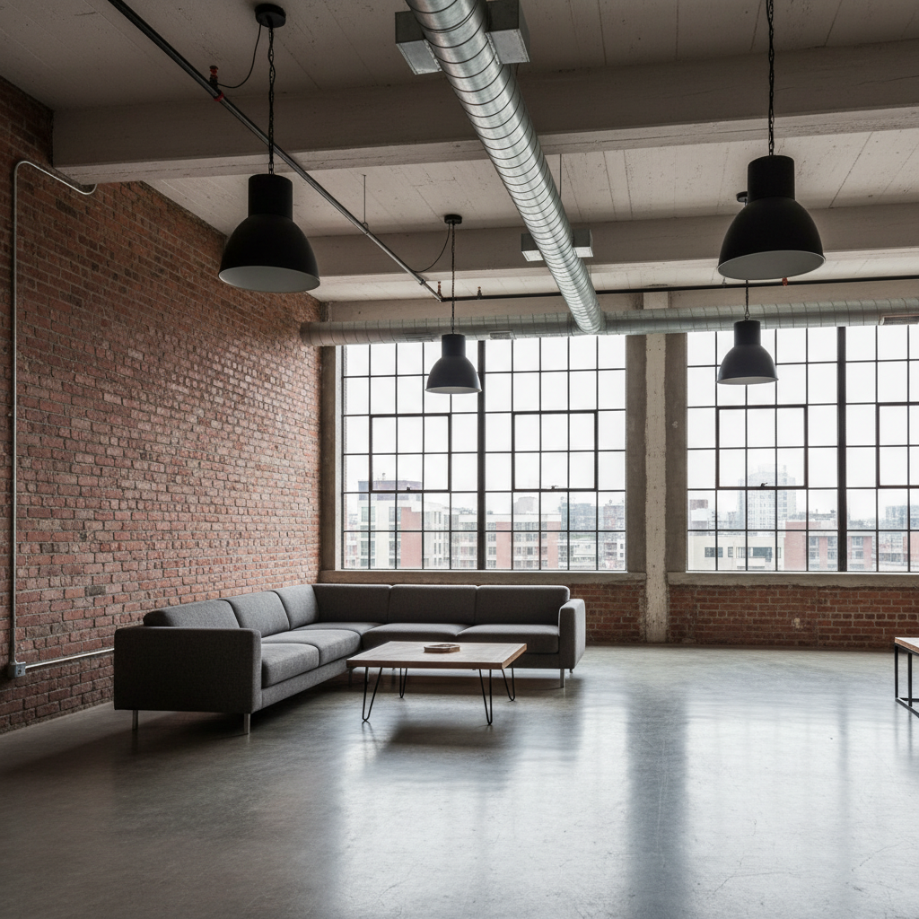 Przestronny, otwarty loft z wysokim sufitem i ogromnymi oknami fabrycznymi. Jedna ze ścian wykonana jest z surowej, czerwonej cegły. W części dziennej stoi duża, ciemnoszara sofa, a obok niej drewniany stolik kawowy na czarnych, metalowych nogach. Pod sufitem widoczne są metalowe rury wentylacyjne. Całość oświetlają duże, czarne lampy przemysłowe zwisające na długich kablach.