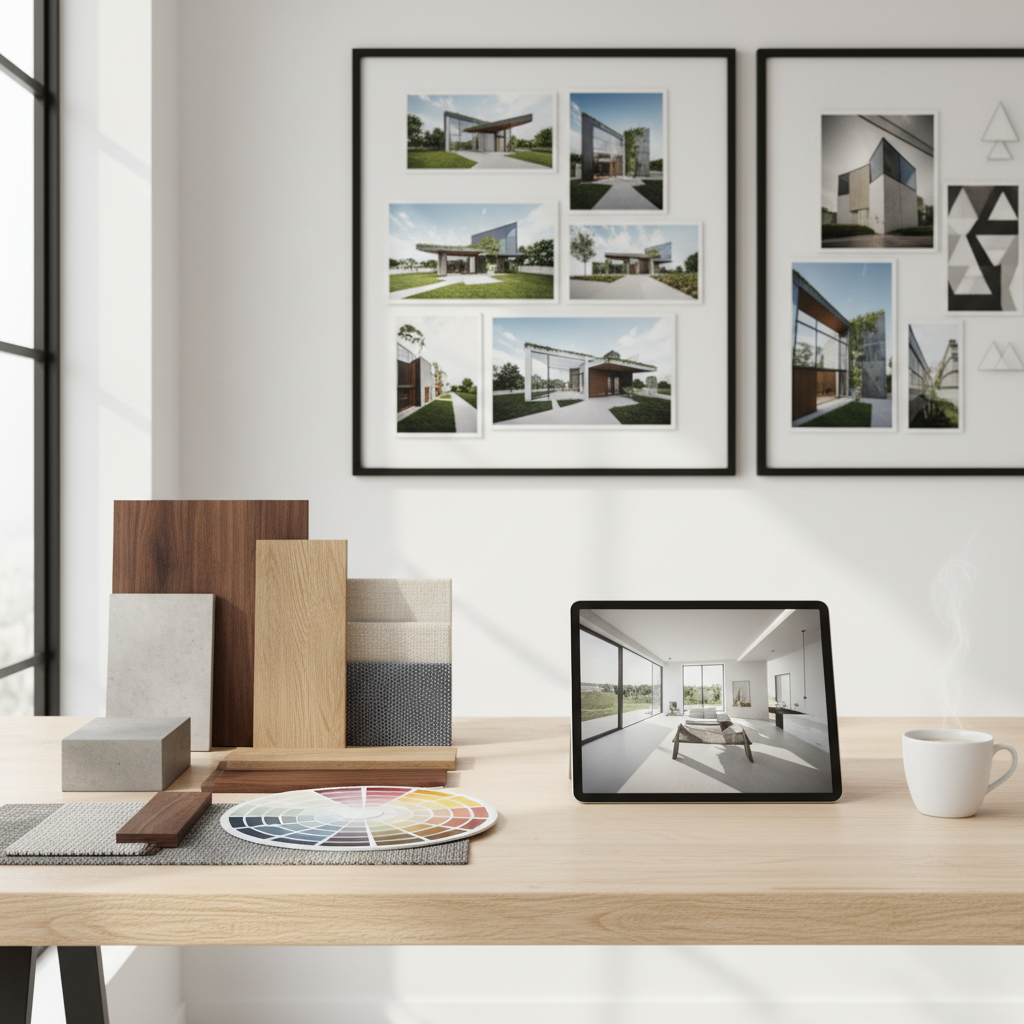 Nowoczesne, jasne biurko architekta. Na blacie leżą próbki materiałów (drewno, kamień, tkaniny), paleta kolorów, tablet z wizualizacją wnętrza domu oraz filiżanka kawy. W tle, na ścianie, wiszą inspiracyjne moodboardy z przykładami nowoczesnej architektury.
