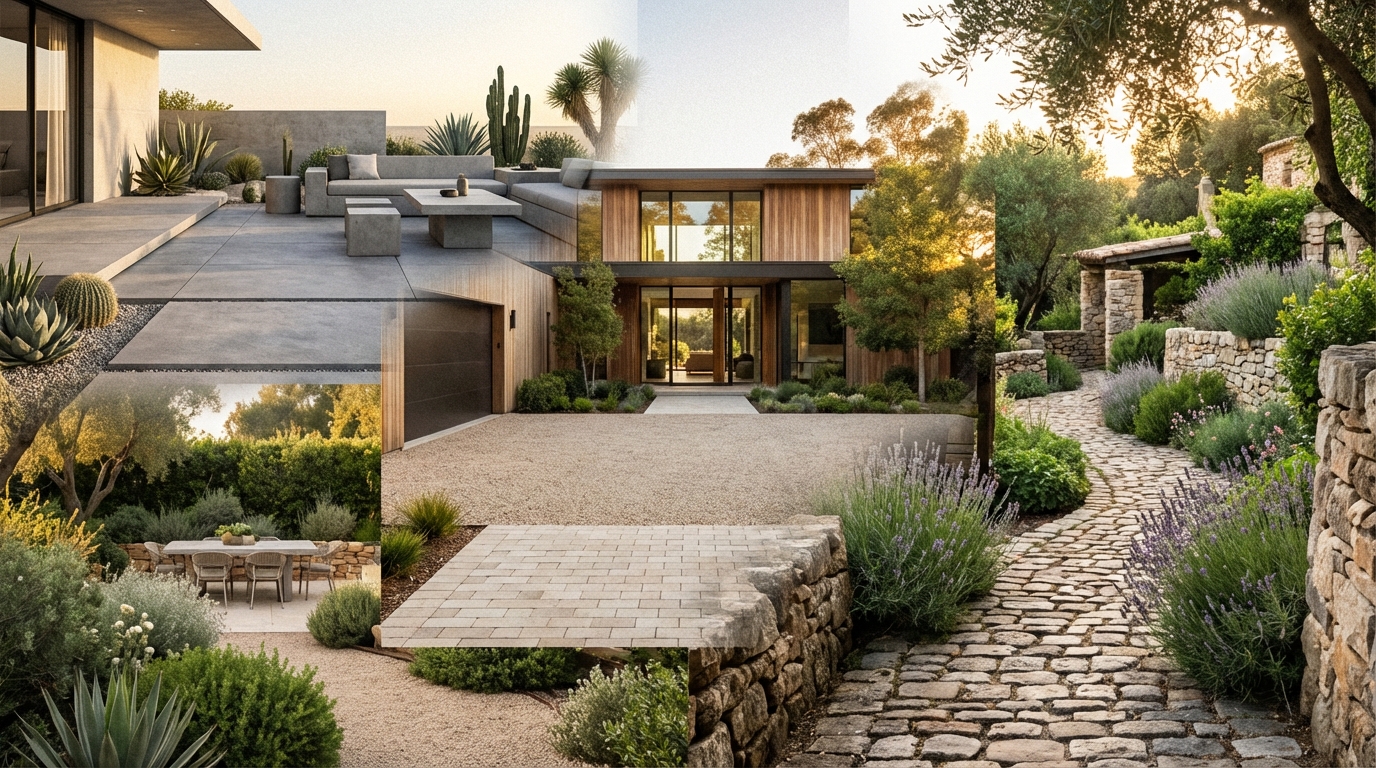 Fotorealistyczny, dynamiczny kolaż kilku różnych stylów aranżacji ogrodowych. W jednym rogu widać fragment minimalistycznego, nowoczesnego tarasu z dużymi, szarymi płytami i prostymi meblami. W drugim rogu klasyczna, kręta ścieżka z postarzanej kostki brukowej w rustykalnym ogrodzie. Na środku elegancki podjazd prowadzący do nowoczesnego domu. Całość spójna kolorystycznie, emanująca elegancją i inspiracją.