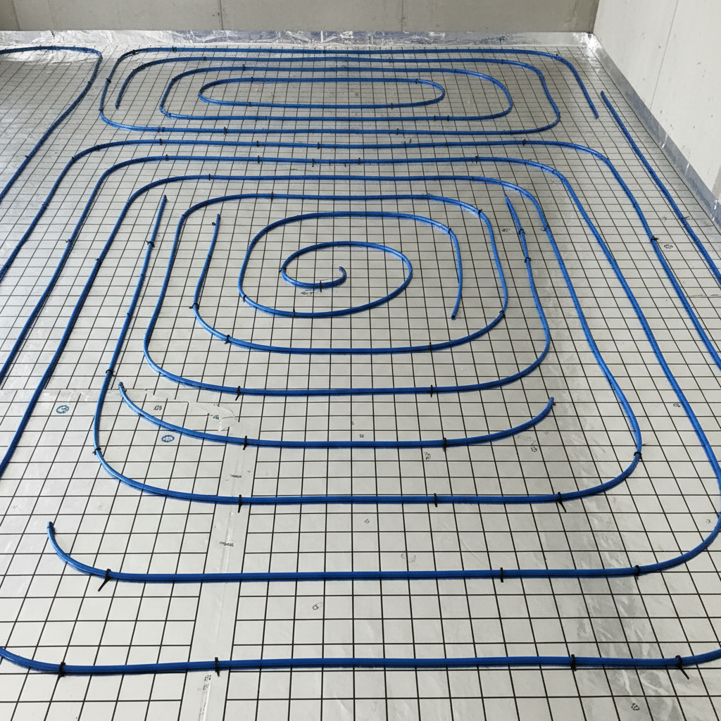 Widok z góry na profesjonalnie ułożone rurki ogrzewania podłogowego na warstwie styropianu z folią aluminiową, gotowe do zalania wylewką. Scena jest dobrze oświetlona, co podkreśla precyzję wykonania instalacji.
