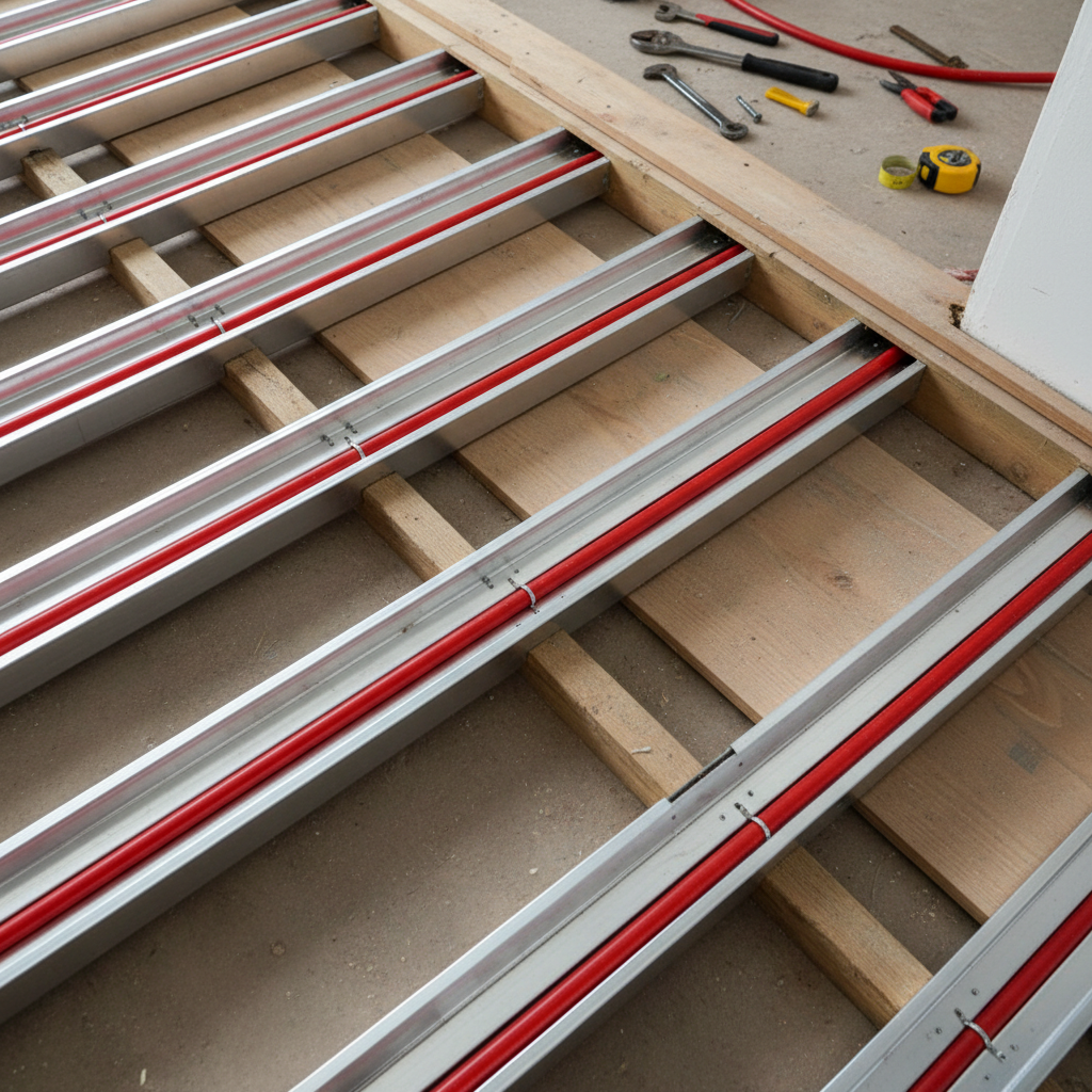 Ujęcie z góry na fragment podłogi w trakcie montażu. Widać precyzyjnie ułożone, czerwone rury PEX w srebrnych, aluminiowych korytkach, biegnące równolegle między drewnianymi legarami. W tle leżą narzędzia instalatora, co podkreśla proces pracy.