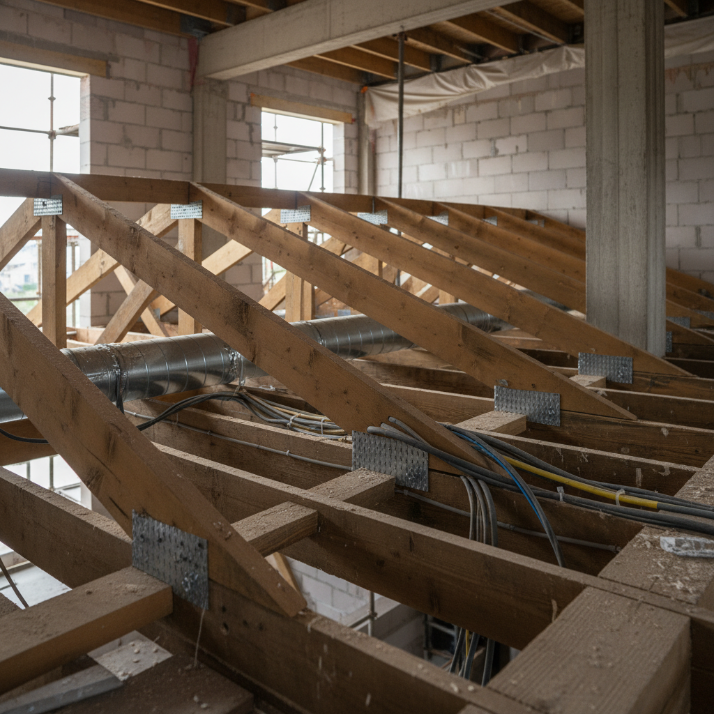 Zbliżenie na konstrukcję drewnianego stropu z wiązarów kratowych, gdzie przez otwarte przestrzenie kratownicy przechodzą starannie ułożone rury instalacji wentylacyjnej i kable elektryczne. Scena na placu budowy, w tle widać fragmenty ścian.