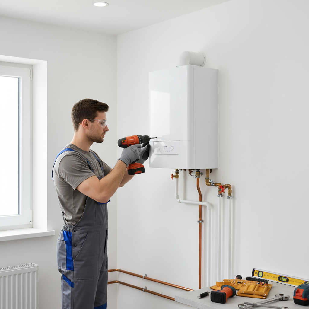 Profesjonalny instalator w czystym ubraniu roboczym, precyzyjnie montuje nowoczesny kocioł gazowy na ścianie w nowym, jasnym pomieszczeniu technicznym. W tle widać starannie poprowadzone rury i narzędzia. Ujęcie jest jasne, emanuje kompetencją i bezpieczeństwem, a instalator ma skupiony, profesjonalny wyraz twarzy.