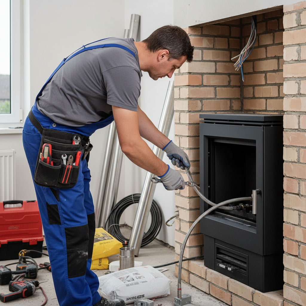 Zdjęcie przedstawiające profesjonalnego instalatora w ubraniu roboczym, który starannie podłącza elastyczny przewód gazowy do wkładu kominkowego. W tle widać narzędzia i elementy systemu koncentrycznego.