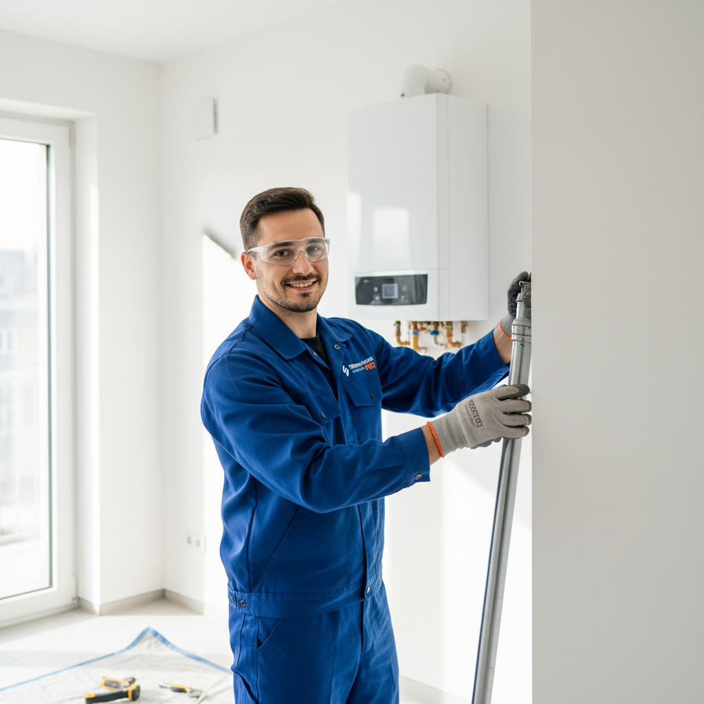 Profesjonalny instalator w firmowym ubraniu, z uśmiechem i skupieniem montuje elementy systemu odprowadzania spalin LAS w nowym mieszkaniu. W tle widać nowoczesny kocioł gazowy i czyste, białe ściany. Oświetlenie jest jasne i naturalne, co buduje atmosferę zaufania i kompetencji.