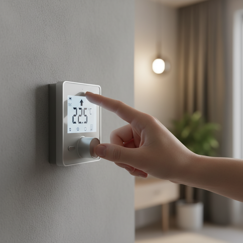 Zbliżenie na dłoń osoby, która reguluje temperaturę na nowoczesnym, cyfrowym termostacie pokojowym zamontowanym na minimalistycznej, szarej ścianie. Wyświetlacz termostatu jest czytelny i podświetlony. Tło jest delikatnie rozmyte, co skupia uwagę na akcie świadomego zarządzania ciepłem w domu.
