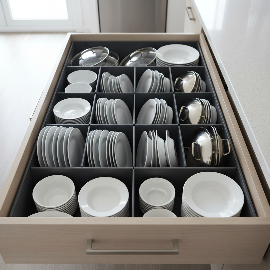 Otwarta, głęboka szuflada kuchenna z nowoczesnymi, szarymi organizerami. Wewnątrz idealnie poukładane są białe talerze, miski i pokrywki do garnków. Układ jest estetyczny i pokazuje maksymalne wykorzystanie przestrzeni.