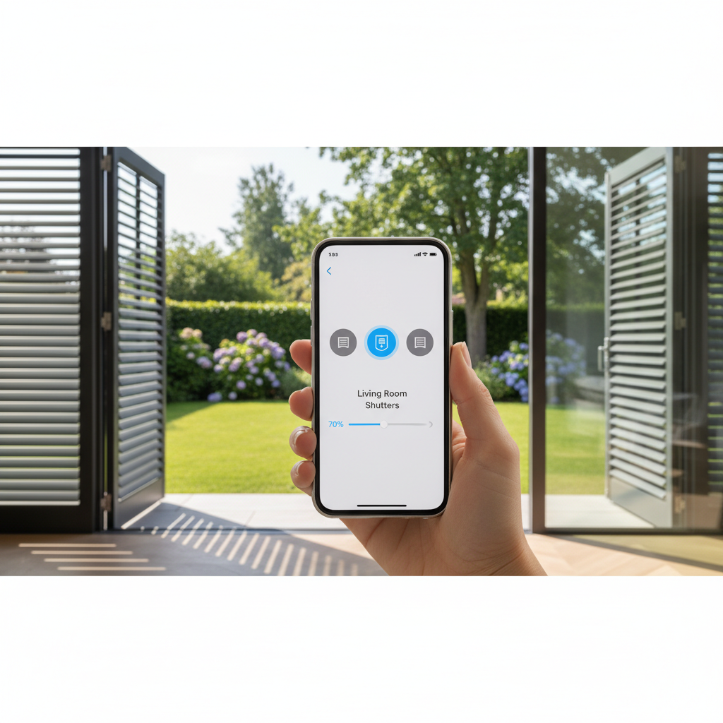 Zbliżenie na dłoń trzymającą nowoczesny, minimalistyczny smartfon. Na ekranie widoczna jest aplikacja do sterowania inteligentnym domem, z ikonami okiennic. W tle, przez duże okno tarasowe, widać słoneczny ogród i częściowo przymknięte, eleganckie okiennice zewnętrzne, które reagują na polecenie z telefonu.