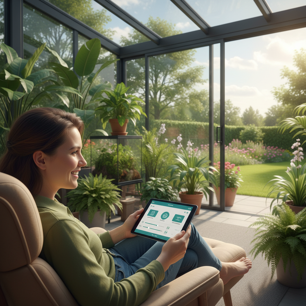Uśmiechnięta osoba siedzi wygodnie na fotelu w swoim nowoczesnym ogrodzie zimowym, trzymając w dłoni tablet. Na ekranie tabletu widoczny jest interfejs aplikacji typu smart home, za pomocą której steruje otwarciem okien dachowych i rolet. W tle widać bujne, zdrowe rośliny i panoramiczny widok na ogród za oknem.