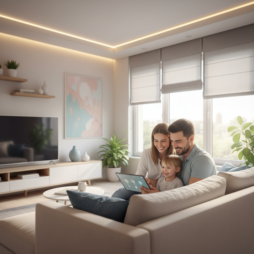 Nowoczesne, jasne wnętrze salonu. Młoda rodzina (rodzice z dzieckiem) uśmiecha się, patrząc na tablet, na którym widoczny jest interfejs sterowania domem. W tle widać zautomatyzowane rolety częściowo opuszczone, a oświetlenie tworzy przytulną atmosferę. Obraz ma ciepły, aspiracyjny charakter, sugerujący komfort i technologię w służbie człowieka.