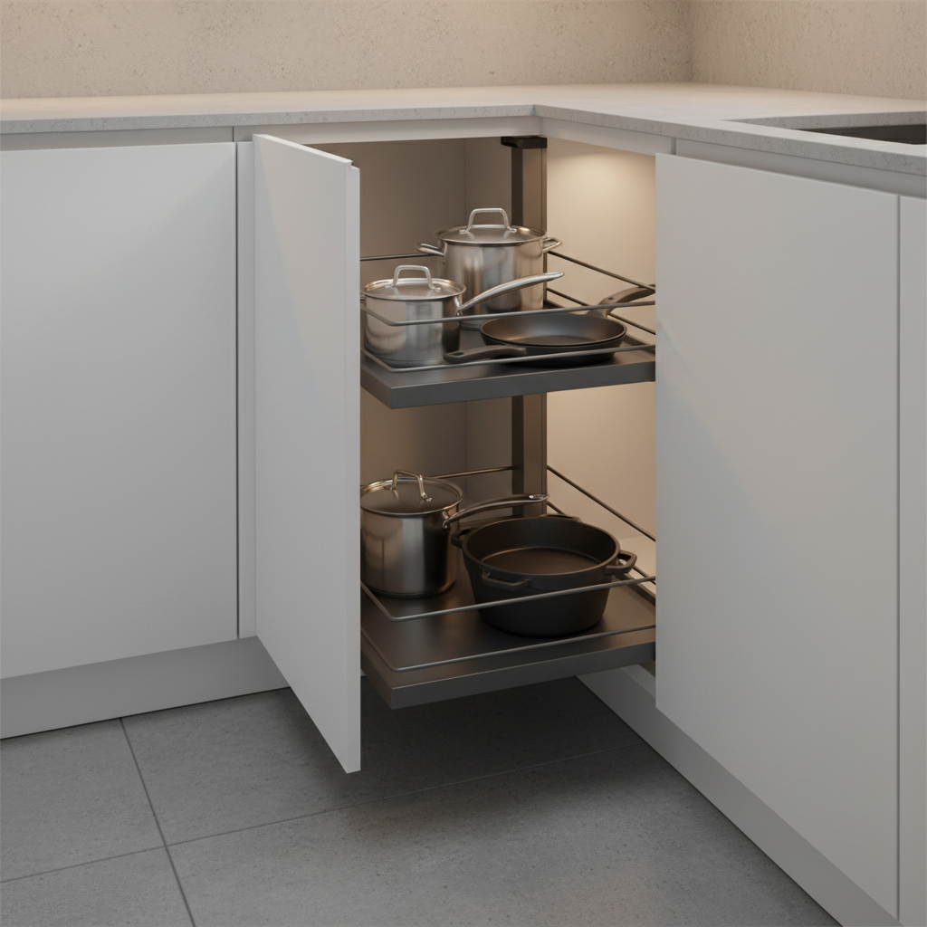 Zbliżenie na otwartą szafkę narożną w nowoczesnej, minimalistycznej kuchni. Wnętrze szafki jest wyposażone w nowoczesny system wysuwanych półek typu 