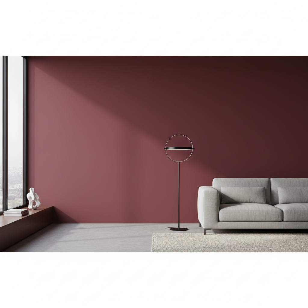 Szerokie ujęcie minimalistycznego, nowocześnie urządzonego salonu. Centralnym punktem jest idealnie gładka, matowa ściana w kolorze głębokiej, nasyconej czerwieni burgundzkiej. Na ścianie nie widać żadnych smug ani śladów po wałku. Światło z dużego okna pada na ścianę pod kątem, podkreślając jej jednolitą fakturę. Obok ściany stoi prosta, szara sofa i nowoczesna lampa podłogowa.