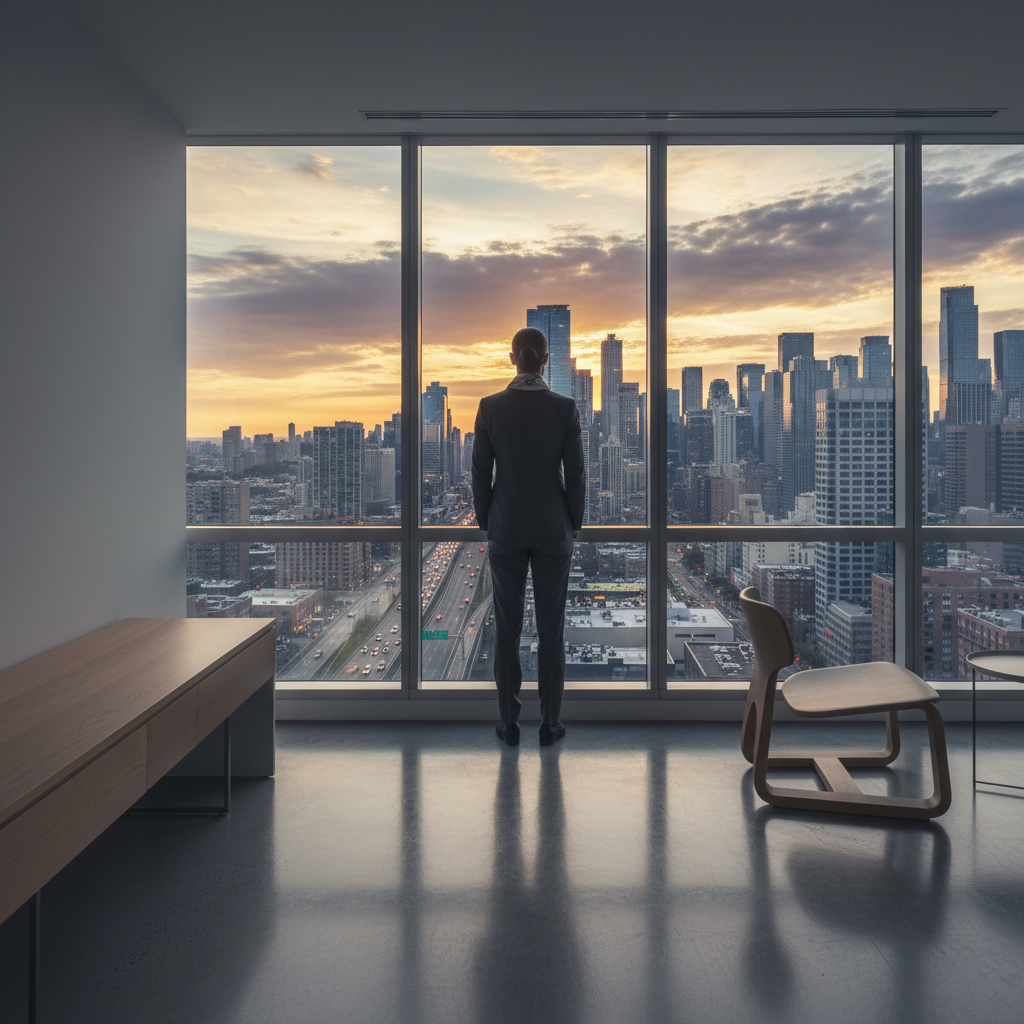 Elegancko ubrany mężczyzna lub kobieta stoi tyłem do kamery, patrząc przez duże okno w nowoczesnym, minimalistycznym apartamencie na tętniącą życiem panoramę miasta o zachodzie słońca. Wnętrze jest jasne, w odcieniach szarości i bieli, z subtelnymi akcentami drewna. Obraz symbolizuje perspektywy i potencjał inwestycyjny.