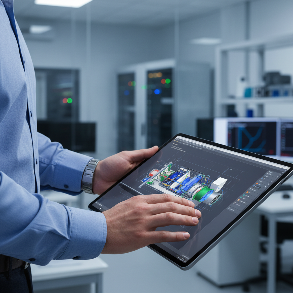 Zbliżenie na dłonie inżyniera w eleganckiej koszuli, który pracuje nad cyfrowym projektem centrali wentylacyjnej na dużym tablecie graficznym. W tle widać rozmyte, nowoczesne laboratorium badawczo-rozwojowe. Obraz symbolizuje innowacyjność, precyzję i zaawansowaną technologię.