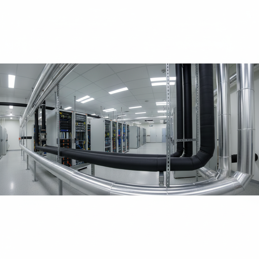 Szerokie ujęcie nowoczesnej, czystej maszynowni lub data center, gdzie lśniące, metalowe rurociągi są starannie zaizolowane czarną otuliną z kauczuku syntetycznego. Światło subtelnie odbija się od izolacji, podkreślając jej gładką powierzchnię i precyzję montażu. W tle widać zaawansowane technologicznie urządzenia, co buduje wizerunek profesjonalizmu i niezawodności.