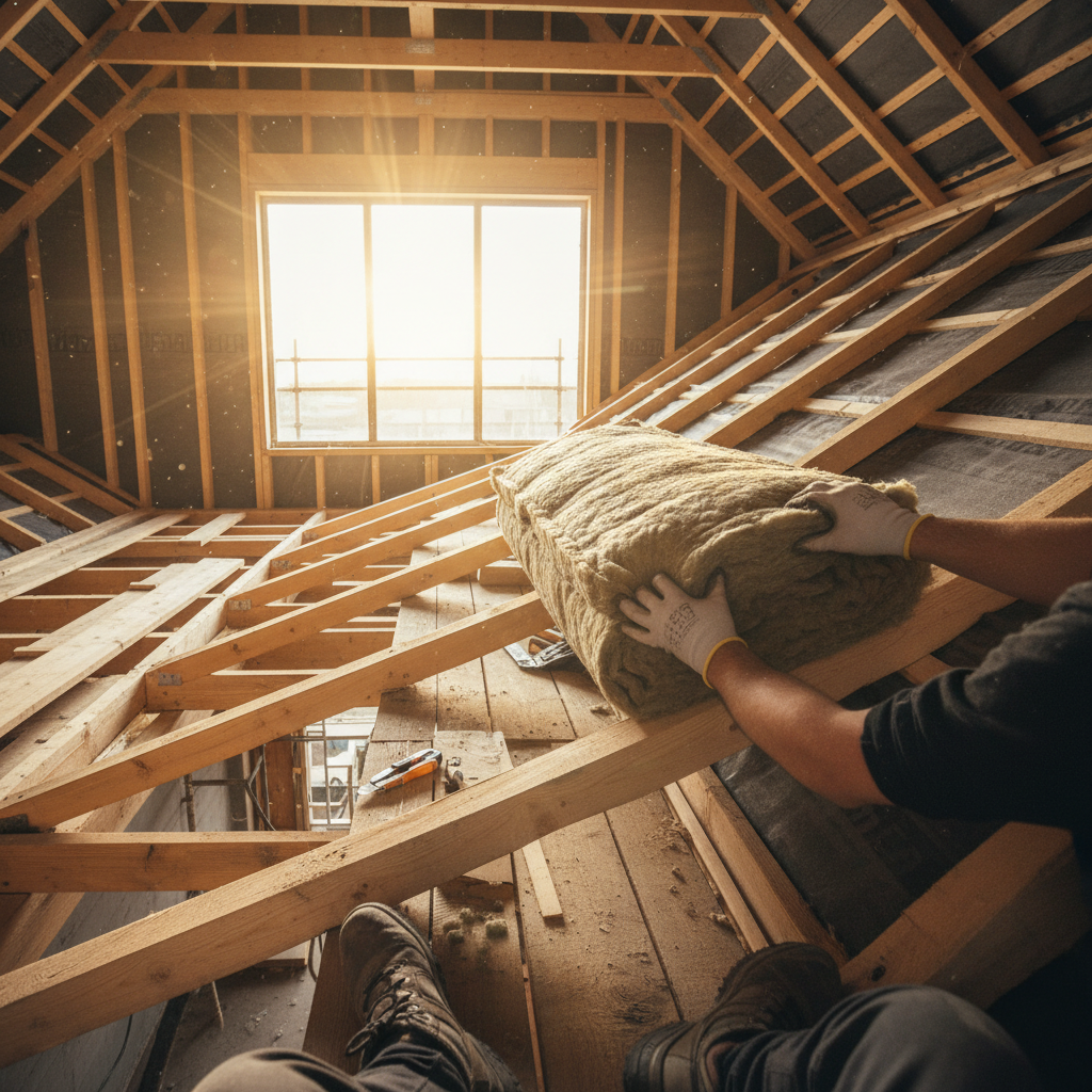 Zdjęcie z perspektywy dekarza, który starannie układa rolkę wełny mineralnej między krokwiami dachowymi. W tle widać fragmenty konstrukcji drewnianej i już położoną membranę dachową. Słońce wpada przez otwór okienny, tworząc atmosferę precyzyjnej, rzemieślniczej pracy.