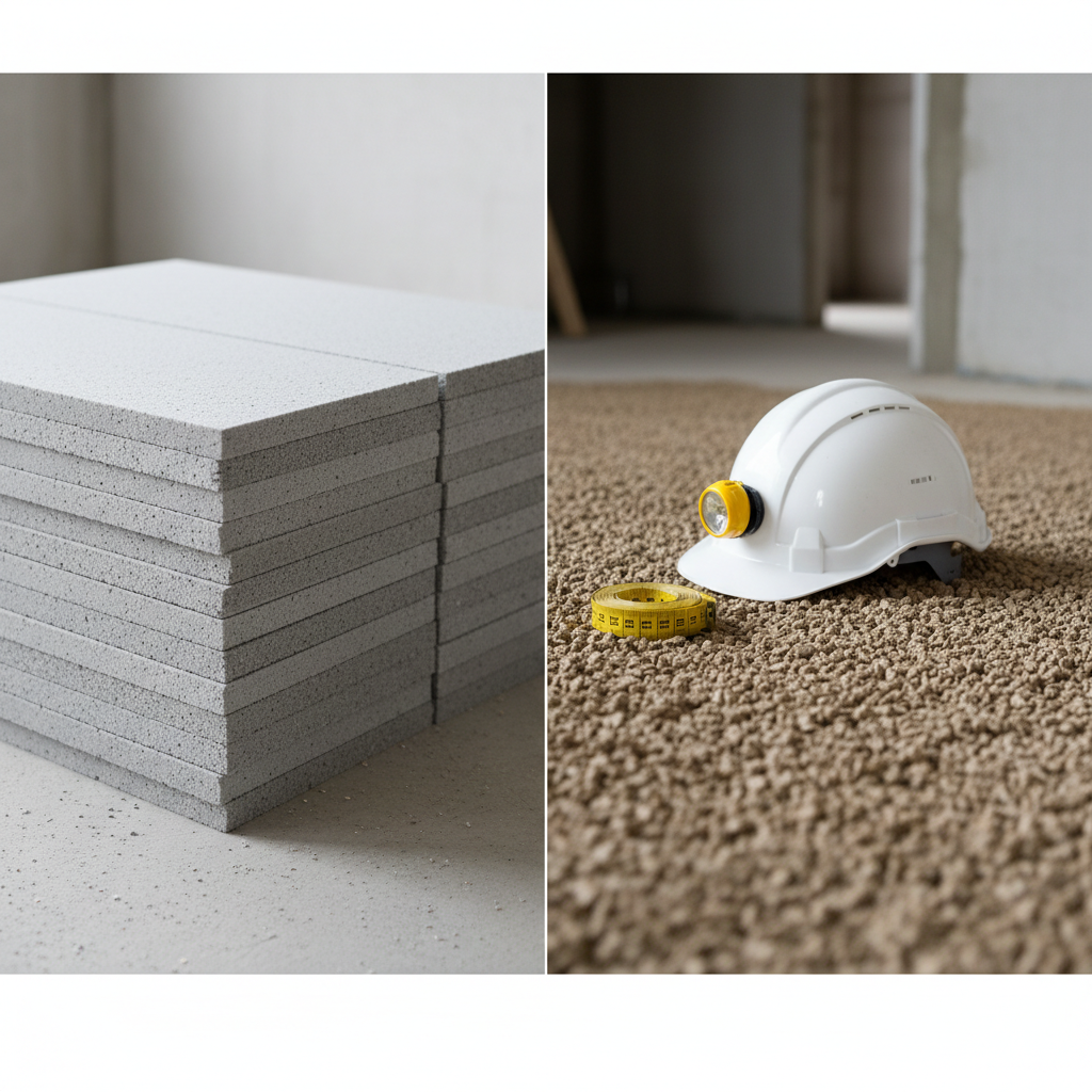 Zdjęcie typu "split screen" lub kompozycja. Po lewej stronie widać starannie ułożone, szare płyty styropianu fundamentowego na budowie. Po prawej stronie widać wysypane i wyrównywane brązowe granulki keramzytu. Pośrodku, na linii podziału, znajduje się zwinięta miara budowlana i kask, symbolizując wybór i decyzję projektową. Tło jest neutralne, skupione na materiałach.