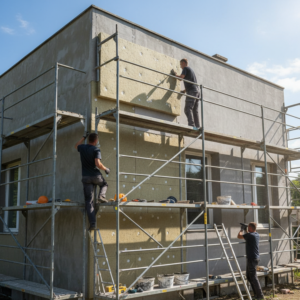 Fotorealistyczne zdjęcie ekipy budowlanej montującej płyty z wełny skalnej na elewacji starego domu jednorodzinnego w stylu „kostki polskiej”. Widoczne rusztowanie, narzędzia i fragmenty już ocieplonej ściany. Słoneczny, pracowity dzień.