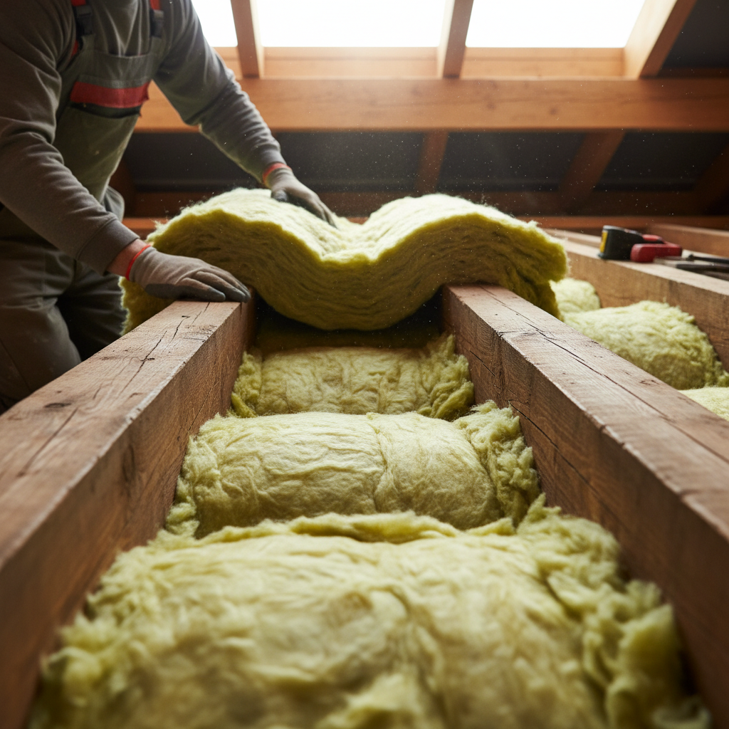 Zbliżenie na przekrój stropu drewnianego, gdzie pracownik starannie układa maty wełny mineralnej pomiędzy drewnianymi belkami konstrukcyjnymi. Scena jest dobrze oświetlona, podkreślając teksturę drewna i wełny.