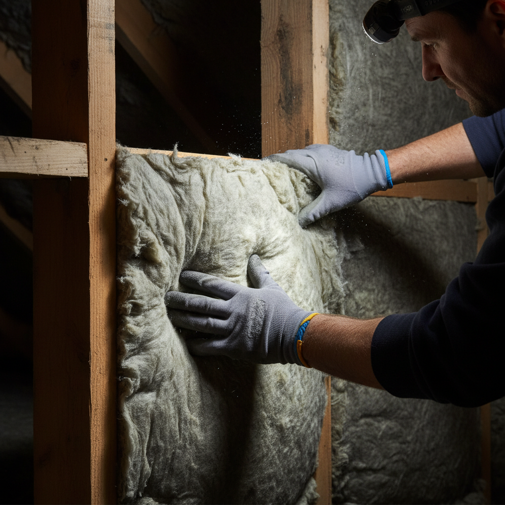 Szczegółowe zbliżenie na dłonie pracownika budowlanego, który starannie układa grubą matę skalnej wełny mineralnej między drewnianymi krokwiami na poddaszu. Oświetlenie podkreśla gęstą, włóknistą strukturę wełny. Cała scena emanuje profesjonalizmem, precyzją i troską o jakość wykonania, sugerując inwestycję w przyszłość i komfort domu.