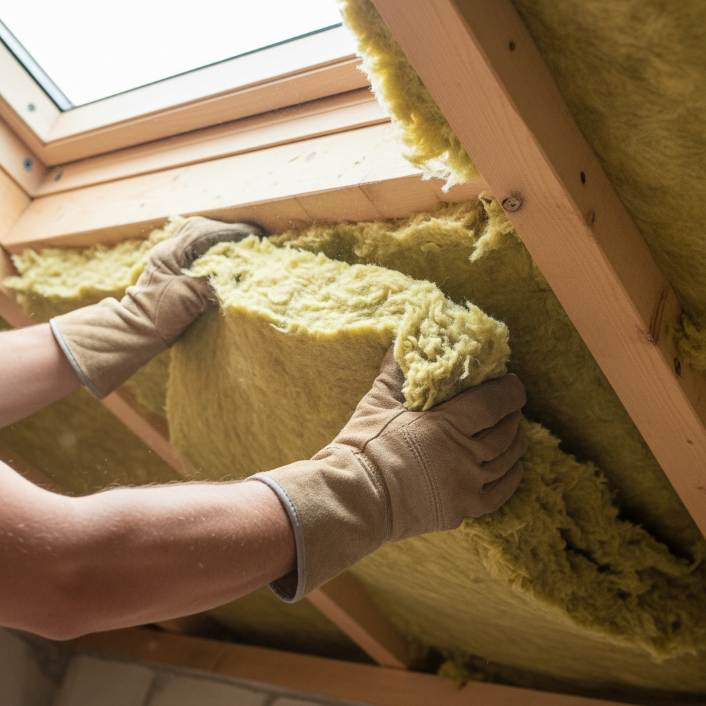 Zbliżenie na dłonie pracownika w rękawicach roboczych, który starannie układa grubą, żółtą matę wełny mineralnej pomiędzy drewnianymi krokwiami dachu. Światło wpadające przez okno dachowe oświetla strukturę drewna i włókna wełny.