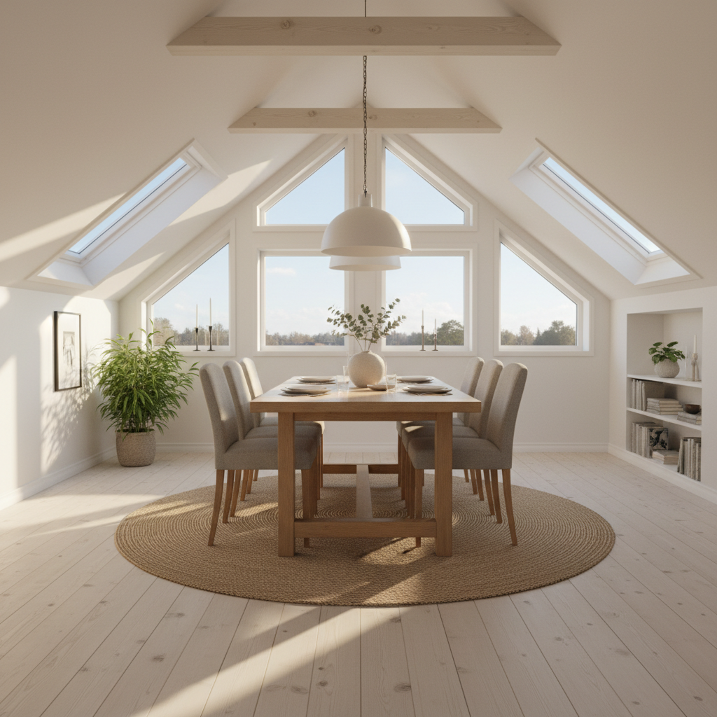 Jasna, przestronna jadalnia na poddaszu w stylu skandynawskim. Duży, drewniany stół z krzesłami stoi centralnie pod dużymi oknami dachowymi, przez które wpada ciepłe, naturalne światło. Widoczne są białe ściany, odsłonięte drewniane belki stropowe i minimalistyczne, stylowe dodatki. Atmosfera jest przytulna, spokojna i zachęcająca do spędzania czasu.