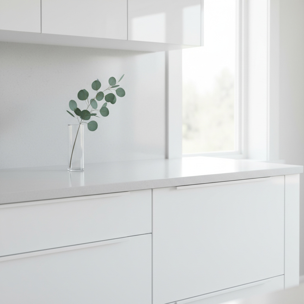 Ujęcie detalu w bardzo jasnej, nowoczesnej kuchni. Białe, lakierowane na wysoki połysk fronty szafek bez uchwytów delikatnie odbijają światło wpadające z okna. Na jasnoszarym, kwarcowym blacie stoi minimalistyczny szklany wazon z pojedynczą gałązką eukaliptusa.