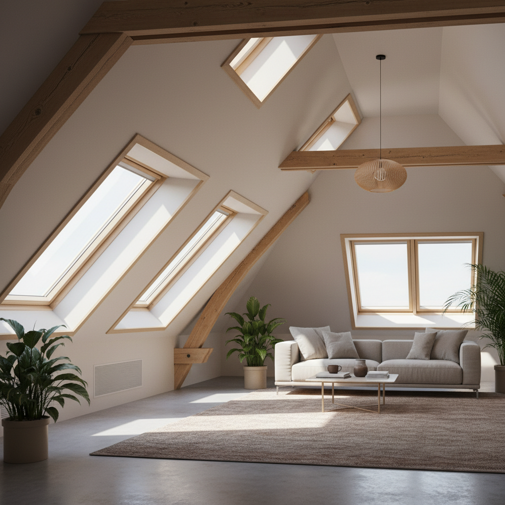 Widok na pięknie doświetlone, nowoczesne poddasze z dużymi oknami dachowymi. Promienie słoneczne wpadają do środka, podkreślając przestronność i ciepłą atmosferę pomieszczenia. Widać fragmenty estetycznie wykończonej stolarki okiennej z naturalnego drewna lub białego PVC, idealnie wkomponowanej w konstrukcję dachu.