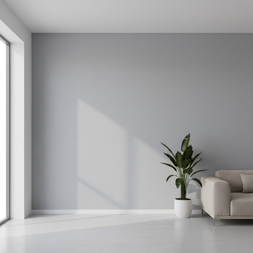 Jasne, minimalistyczne wnętrze salonu, gdzie jedna ze ścian jest idealnie gładka, pomalowana na subtelny, matowy odcień szarości. Delikatne światło słoneczne wpadające przez duże okno podkreśla perfekcyjną powierzchnię ściany. W tle widać fragment nowoczesnej sofy i roślinę doniczkową, co tworzy atmosferę spokoju i elegancji.