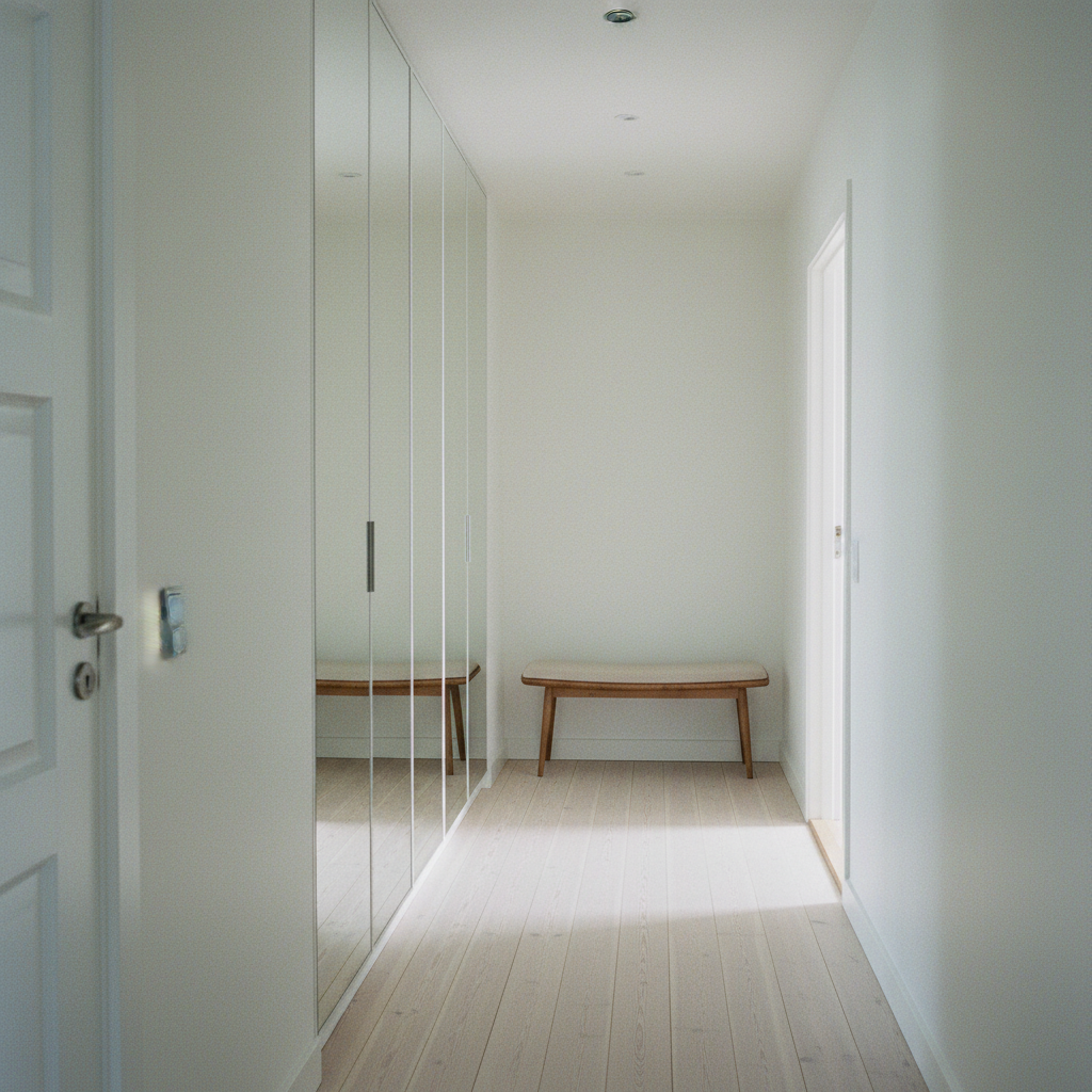 Jasny, wąski, ale stylowy przedpokój w stylu skandynawskim. Podłoga z jasnego drewna, białe ściany. Na jednej ze ścian minimalistyczna szafa wnękowa z lustrzanymi drzwiami, która optycznie powiększa przestrzeń. Widoczna jest prosta, elegancka drewniana ławeczka do siedzenia. Do wnętrza wpada miękkie, naturalne światło, tworząc przytulną i zapraszającą atmosferę.