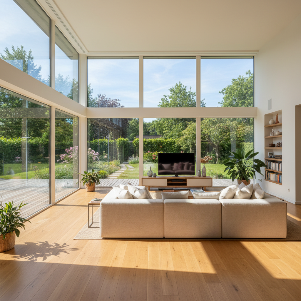 Przestronny salon z ogromnymi oknami wychodzącymi na południową stronę. Wnętrze jest zalane naturalnym światłem. Promienie słońca padają na drewnianą podłogę, tworząc ciepłą i przytulną atmosferę. Za oknem widać taras i ogród.