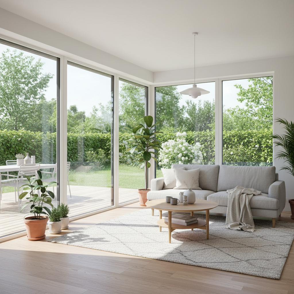 Przestronny, nowoczesny salon z dużymi, panoramicznymi oknami wychodzącymi na zielony ogród i drewniany taras. Wnętrze jest zalane naturalnym światłem słonecznym. W środku widać wygodną sofę, stolik kawowy i kilka roślin doniczkowych. Dominuje styl skandynawski, jasne kolory i naturalne materiały.