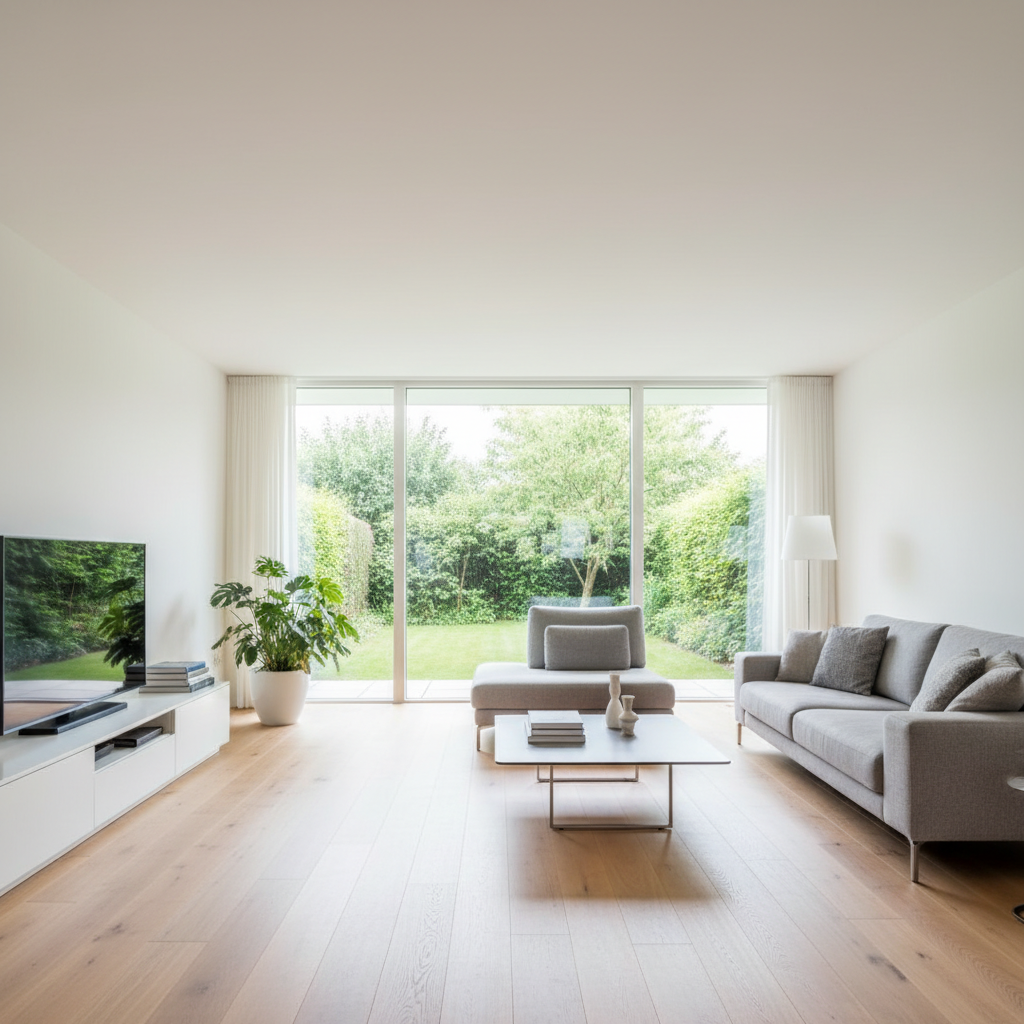 Przestronny, minimalistyczny salon z dużymi, sięgającymi od podłogi do sufitu oknami z widokiem na zielony ogród. Wnętrze jest skąpane w naturalnym świetle, co podkreśla jasną kolorystykę ścian i drewnianą podłogę. W centrum stoi wygodna, szara sofa i nowoczesny stolik kawowy.