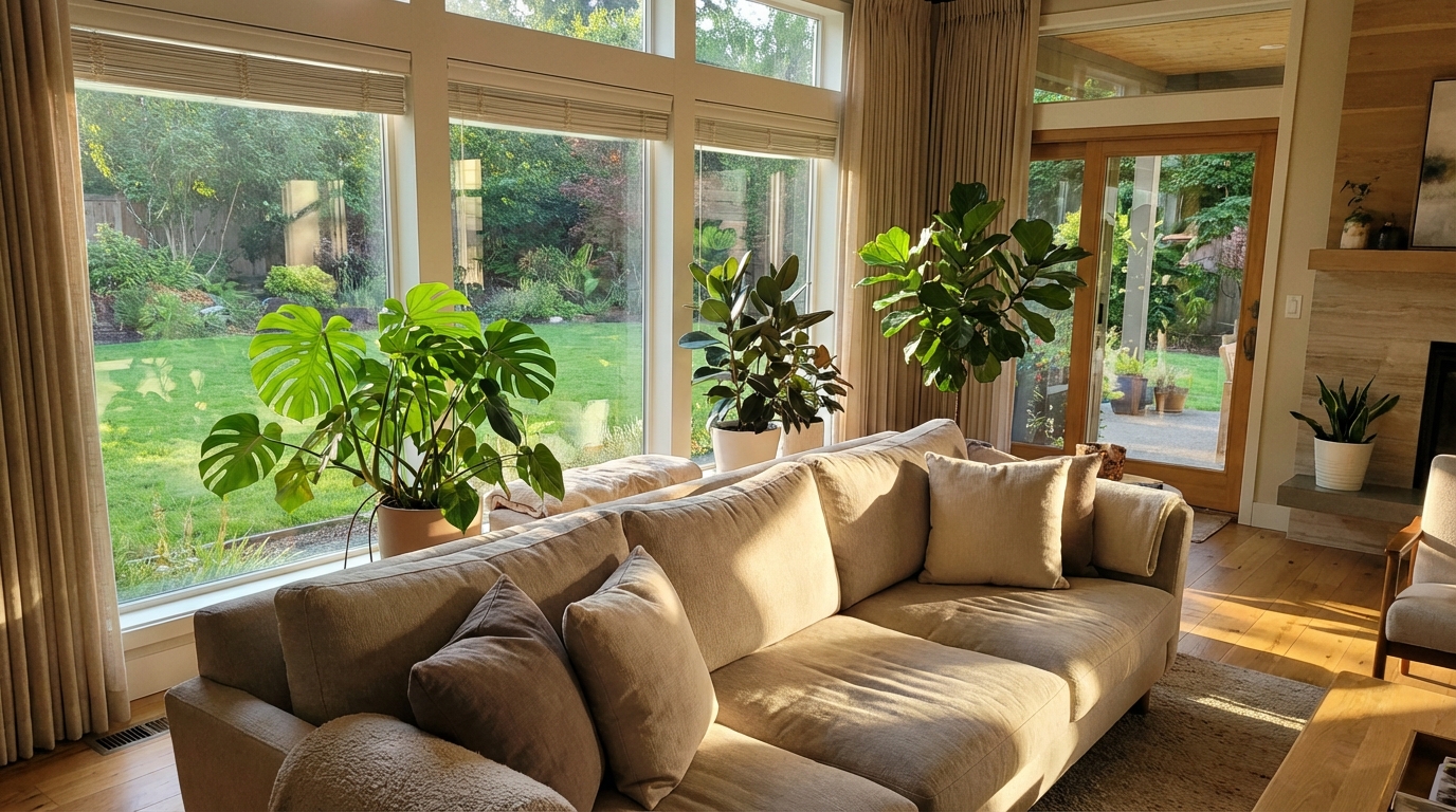 Wnętrze przestronnego, nowoczesnego salonu z ogromnymi oknami wychodzącymi na południową stronę ogrodu. Przez szyby wpada jasne, ciepłe światło słoneczne, tworząc przytulną atmosferę. W salonie widać wygodną kanapę, kilka roślin doniczkowych i otwarty widok na zielony trawnik.
