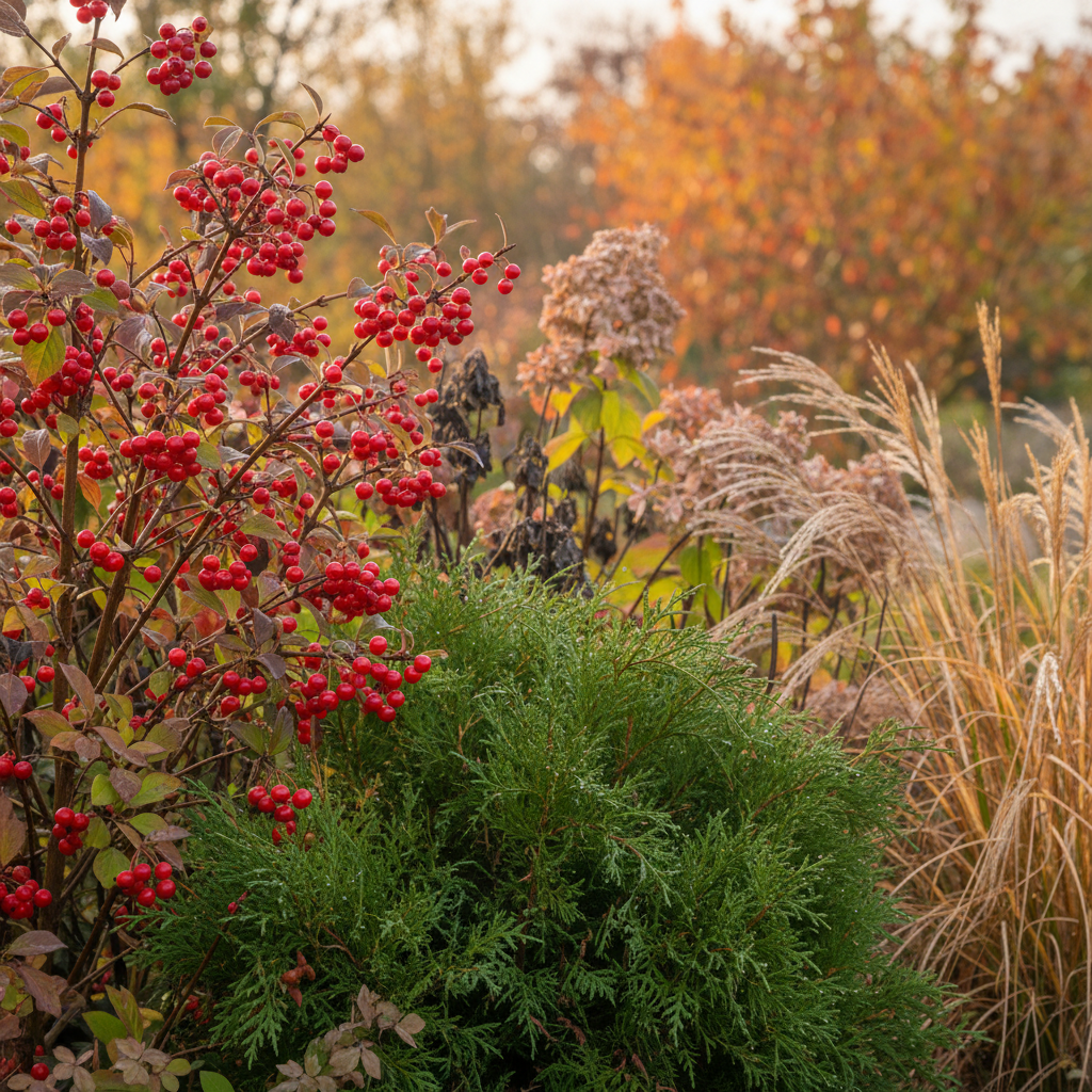 Zbliżenie na jesienną rabatę ogrodową, na której widać zdrowe, intensywnie zielone iglaki, krzew ozdobny z czerwonymi owocami oraz przekwitające byliny. Tło lekko rozmyte, skupienie na fakturze i kolorach roślin przygotowujących się do zimy. Delikatne, naturalne światło.