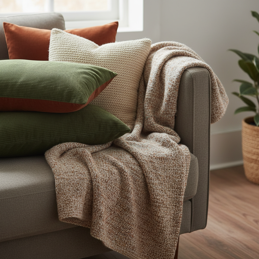 zbliżenie na róg sofy, na której leżą ułożone warstwowo poduszki dekoracyjne o różnych teksturach - aksamit, sztruks, wełna - w ciepłych jesiennych kolorach: rdzawym, butelkowej zieleni i beżu, obok leży niedbale rzucony gruby pled.