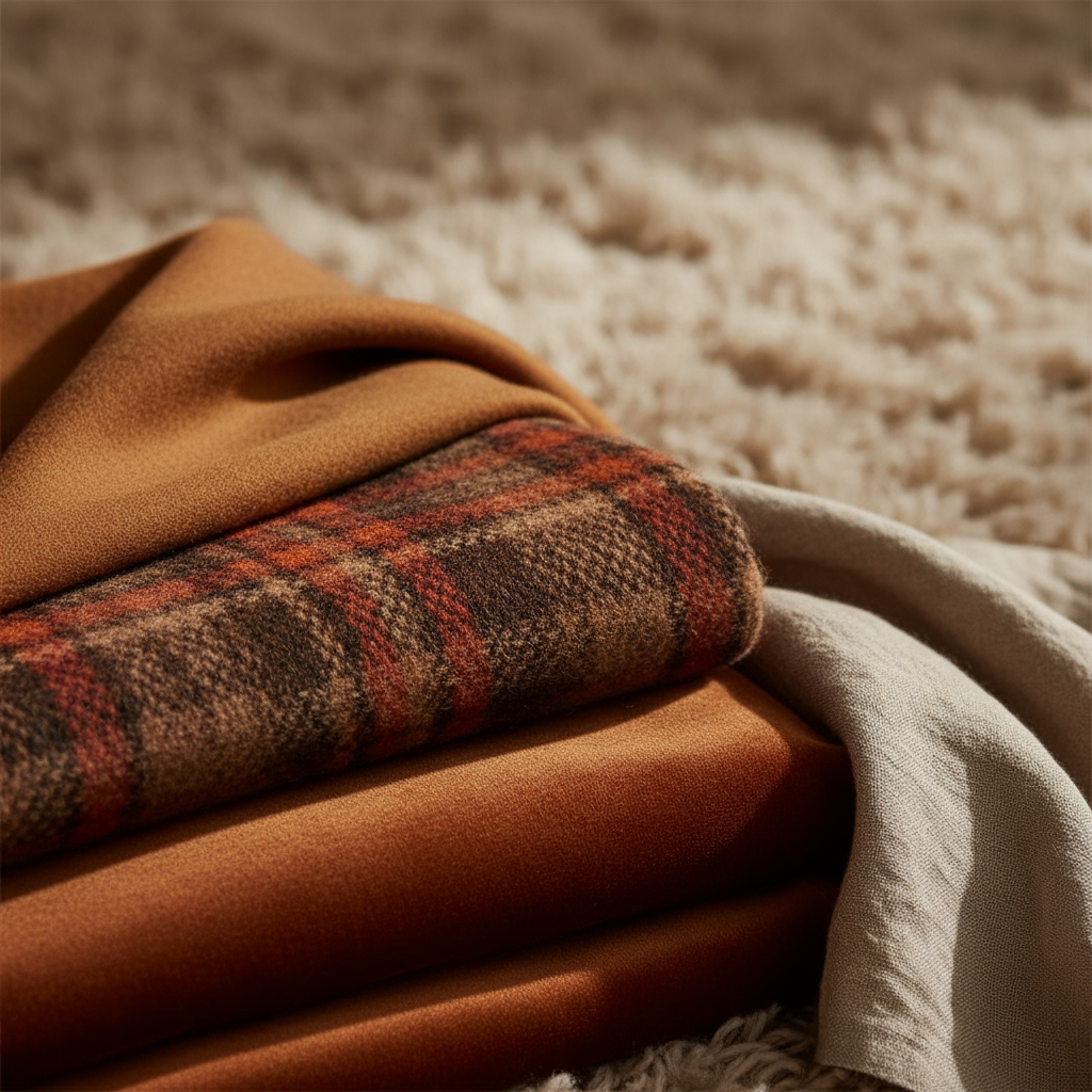 Artystyczne ujęcie stosu złożonych tkanin. Widoczne są różne faktury: gruby splot wełnianego koca w szkocką kratę, gładki aksamit w kolorze rdzy, lniana serweta i miękki, puszysty dywanik w tle. Paleta kolorów skupiona na brązach, pomarańczach i beżach. Światło pada z boku, podkreślając każdą fakturę.