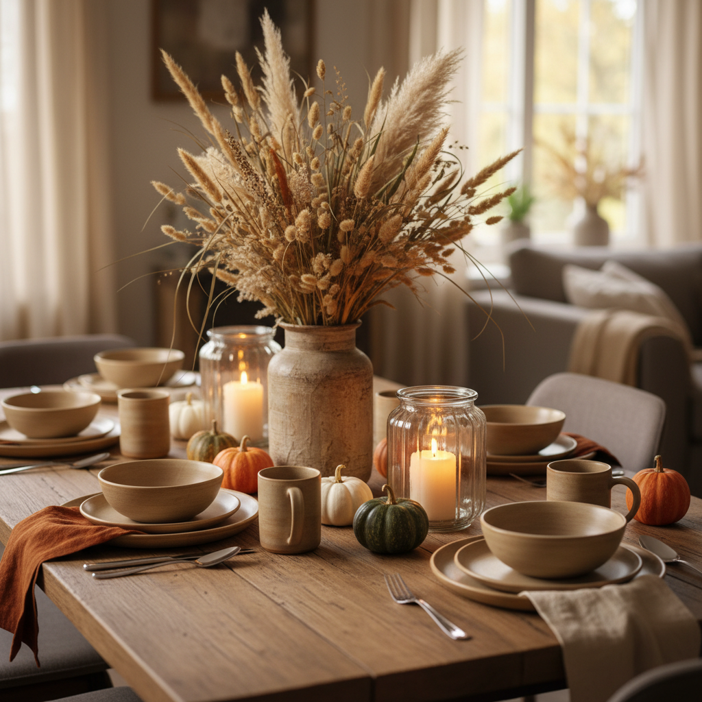 pięknie zaaranżowany stół jadalniany z drewnianym blatem, na nim ceramiczna zastawa w kolorze ziemi, lniane serwetki, małe ozdobne dynie, świece w szklanych lampionach i wazon z suszonymi trawami, tworząc ciepłą, jesienną atmosferę.