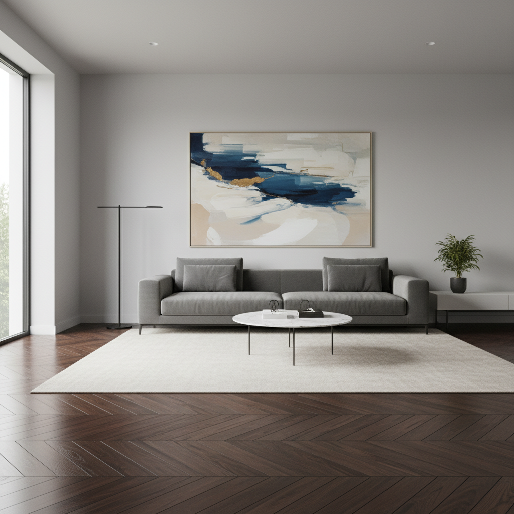 Minimalistyczny, ale elegancki salon, w którym ciemna drewniana podłoga ułożona jest w klasyczny wzór jodełki. Podłoga pięknie kontrastuje z jasnoszarymi ścianami i prostymi, nowoczesnymi meblami. Na ścianie wisi duży, abstrakcyjny obraz, tworząc wyrafinowaną i artystyczną przestrzeń.