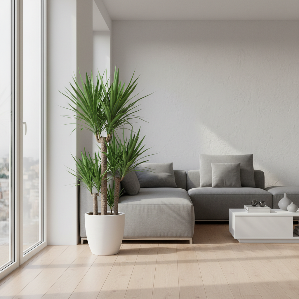 Fotorealistyczne zdjęcie dużej, zdrowej juki gwatemalskiej w minimalistycznej, białej donicy, stojącej w rogu jasnego, nowoczesnego salonu z dużymi oknami. Naturalne, poranne światło, drewniana podłoga, w tle prosta kanapa.