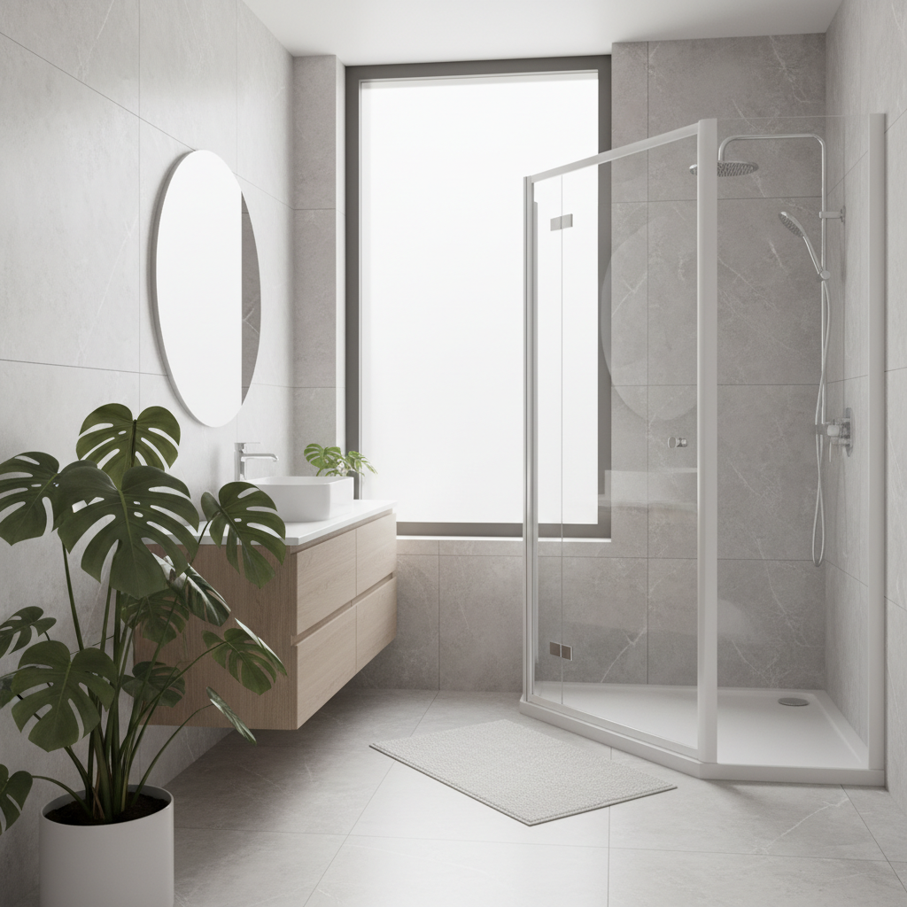 Nowoczesna, minimalistyczna łazienka skąpana w naturalnym świetle. W rogu pomieszczenia stoi elegancka, pentagonalna kabina prysznicowa z białymi profilami i przezroczystym, lśniącym szkłem hartowanym. Obok kabiny znajduje się stylowa umywalka nablatowa i duża roślina doniczkowa (np. monstera), dodająca wnętrzu życia. Podłoga i ściany wykończone są płytkami imitującymi jasny beton lub marmur. Całość tworzy wrażenie luksusu, czystości i przestrzeni.