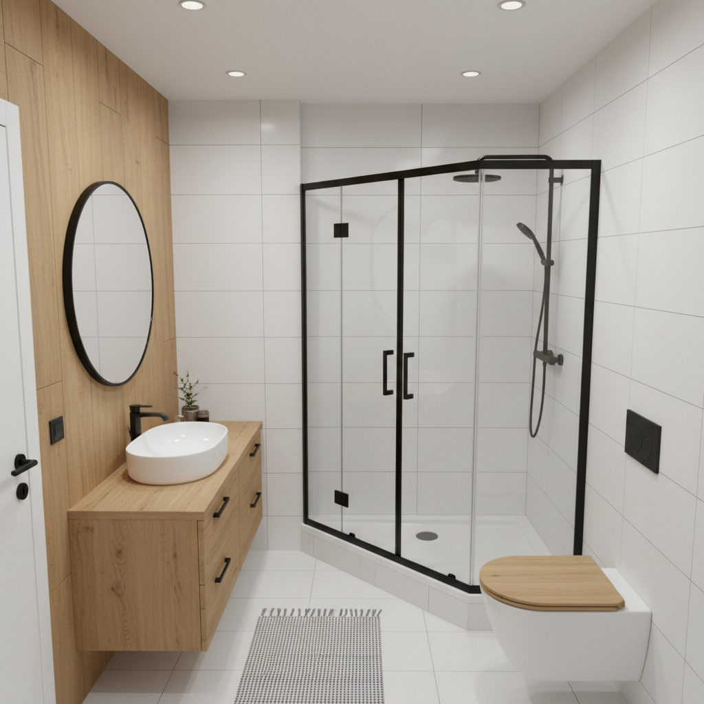 Ujęcie z góry na elegancką, małą łazienkę z białymi i drewnianymi akcentami. W narożniku zamontowana jest pięciokątna kabina prysznicowa ze szklanymi drzwiami i czarnymi profilami. Widać, jak jej ścięty narożnik tworzy więcej wolnej przestrzeni na środku pomieszczenia, ułatwiając komunikację.