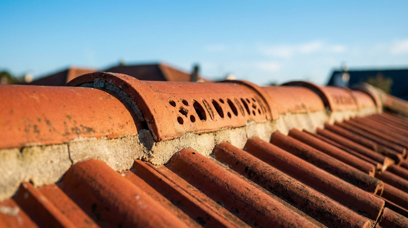 Zbliżenie na kalenicę dachu z elegancką, czerwoną dachówką ceramiczną. Widoczne są estetycznie wykonane gąsiory wentylacyjne, przez które swobodnie uchodzi powietrze. Ujęcie wykonane w słoneczny dzień, podkreślające detal, precyzję wykonania i jakość materiałów.