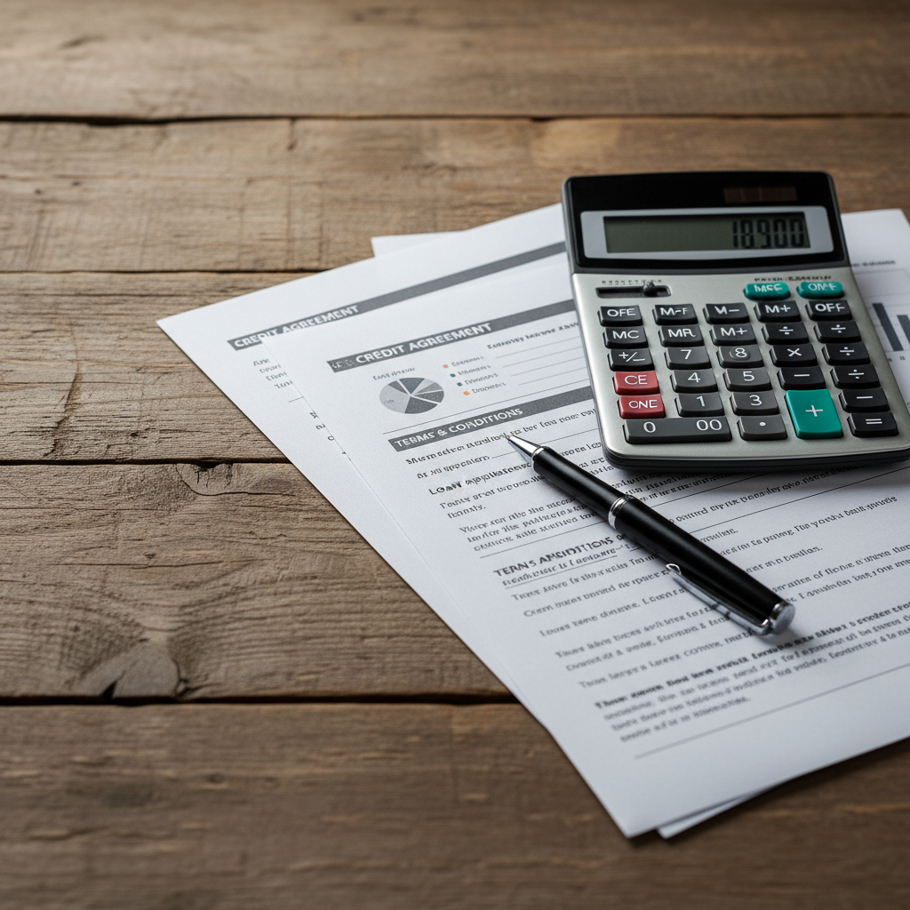 Zbiorcze ujęcie na kalkulator, długopis i dokumenty kredytowe leżące na drewnianym stole, symbolizujące proces podejmowania ważnych decyzji finansowych.