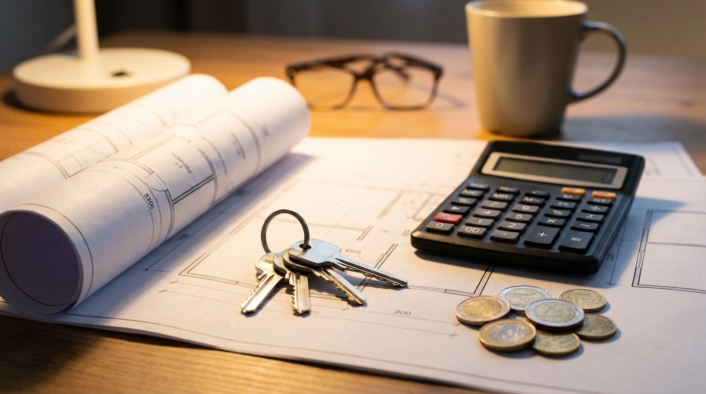 Kompozycja przedstawiająca klucze do mieszkania leżące na planach architektonicznych obok kalkulatora i kilku monet. Tło jest neutralne, a oświetlenie ciepłe i profesjonalne. Obraz symbolizuje finansowy aspekt zakupu nieruchomości i proces kalkulacji kosztów.