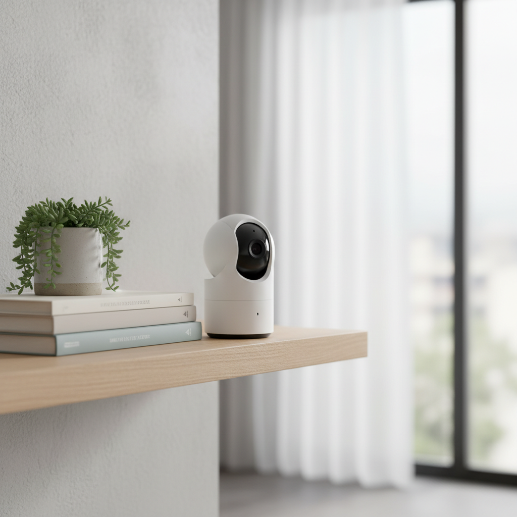 Stylowa, minimalistyczna kamera smart w białym kolorze, dyskretnie umieszczona na drewnianej półce w nowocześnie urządzonym salonie. Obok niej stoi kilka książek i mała roślina w doniczce. Tło jest lekko rozmyte, co skupia uwagę na eleganckim designie kamery, pokazując, że urządzenie może być estetycznym elementem wystroju wnętrza.