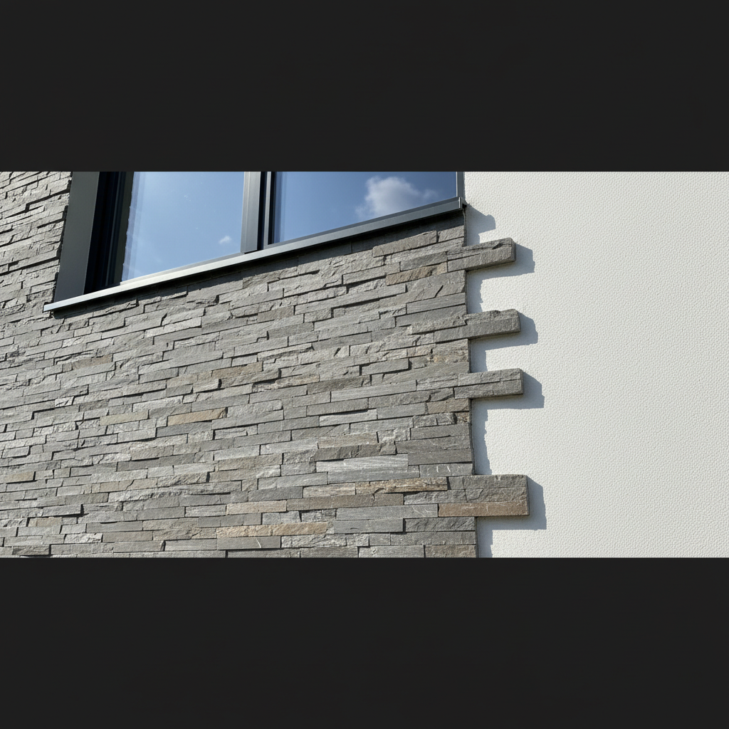 Zbliżenie na fragment nowoczesnej elewacji domu, gdzie surowa, fakturowana ściana z szarego łupka kamiennego łączy się z gładką, białą otynkowaną powierzchnią. Promienie słońca delikatnie oświetlają kamień, podkreślając jego naturalną teksturę i nieregularne krawędzie.