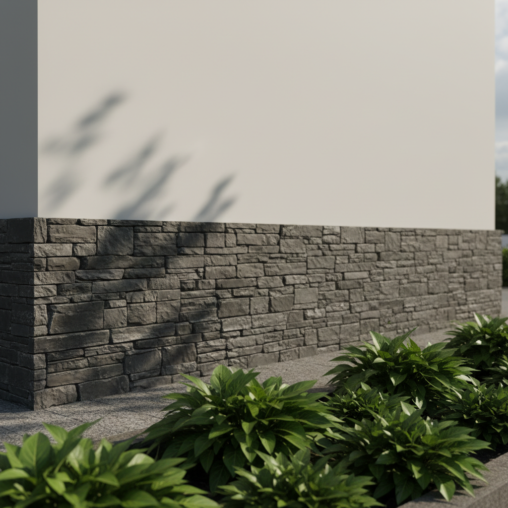 Elegancki narożnik domu jednorodzinnego, gdzie jasna, gładka elewacja styka się z solidnym cokołem wykonanym z ciemnoszarych, nieregularnych płyt kamienia naturalnego. Obok rosną zielone rośliny ozdobne, tworząc kontrast z surowością kamienia.