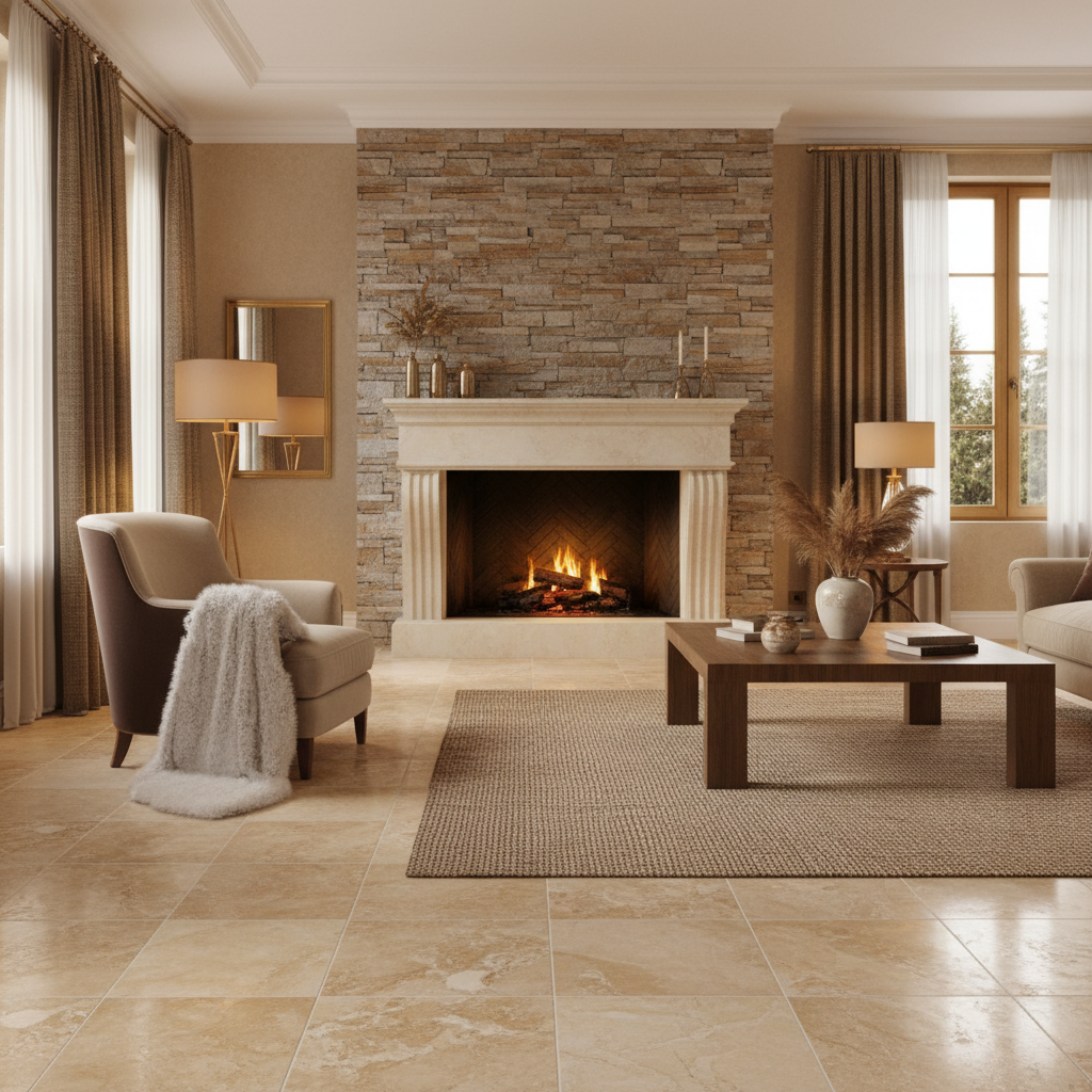 Elegancki salon z kominkiem, którego ściana jest wyłożona dekoracyjnym kamieniem. Na podłodze wielkoformatowe płytki ceramiczne imitujące naturalny, ciepły trawertyn. Obok kominka stoi wygodny fotel, a na podłodze leży miękka skóra owcza. Wnętrze jest ciepłe, luksusowe i przytulne, oświetlone delikatnym światłem lamp.