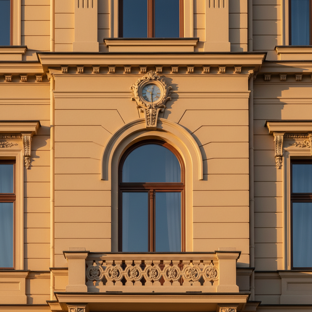 Zbliżenie na pięknie odrestaurowany fragment fasady zabytkowej kamienicy. Widoczne precyzyjnie odtworzone detale architektoniczne, gzymsy i zdobienia wokół okien. Elewacja w ciepłym, piaskowym kolorze, oświetlona porannym słońcem.